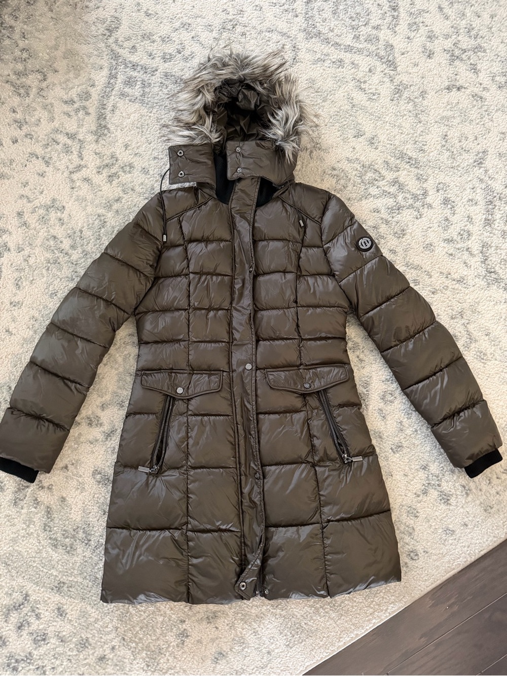 Bernardo Olive Quilted Long Puffer Coat with Faux Fur Hood